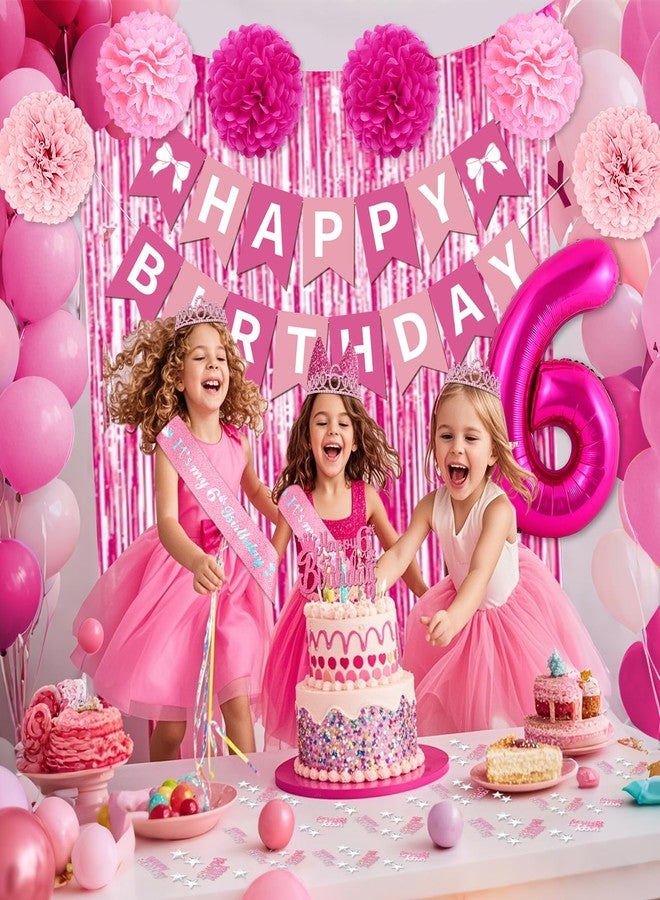 Fantspati 6th Birthday Decorations for Girls, Pink Party Decorations with Number 6 Balloon Happy Birthday Banner Bday Sash Crown Tablecloth Fringe Curtain Hanging Swirl for 6 Year Old Girl Bday Decor - Image 4